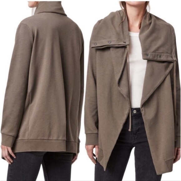 AllSaints Brooke Sweat Knit Jersey Waterfall Front Brown Jacket womens size Smal - Picture 1 of 9